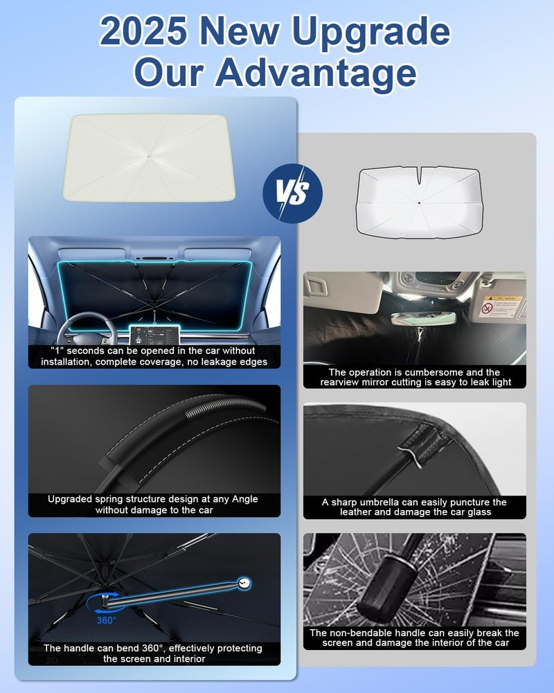 helloleiboo [2025 Upgraded] Car Windshield Sun Shade Umbrella 53"x 30" Windshield Sun Shade Foldable 5-Layer Thickened Vinyl Coating Reflective Polyester Blocks Heat & UV Rays for Small Car - Image 4